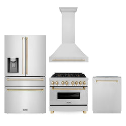 ZLINE 36 in. Autograph Edition Kitchen Package with Stainless Steel Dual Fuel Range, Range Hood, Dishwasher and Refrigeration with Polished Gold Accents