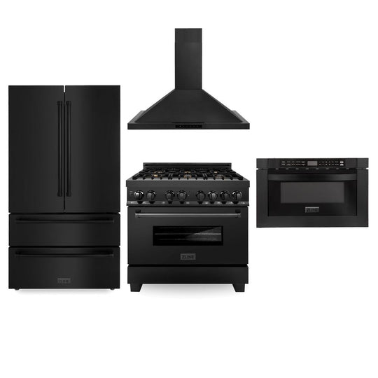 ZLINE Kitchen Package with Black Stainless Steel Refrigerator, 36 in. Dual Fuel Range, Range Hood, and Microwave Drawer (4KPR-RABRH36-MW)