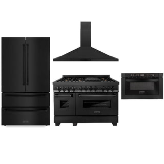 ZLINE Kitchen Package with Black Stainless Steel Refrigerator, 48 in. Dual Fuel Range, Range Hood, and Microwave Drawer (4KPR-RABRH48-MW)