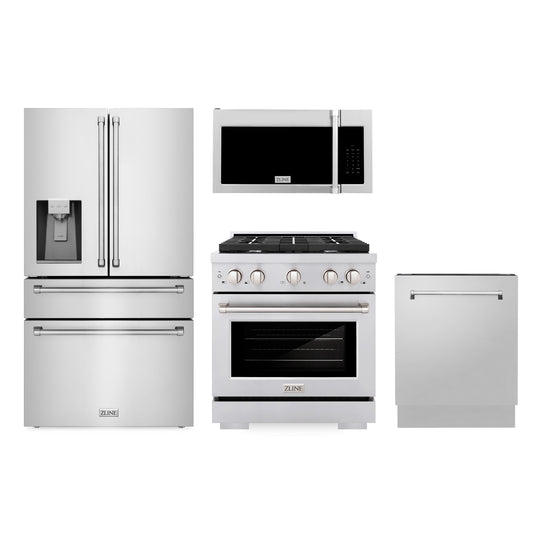 ZLINE Kitchen Package with Water and Ice Dispenser Refrigerator, 30" Gas Range, 30" Over the Range Microwave and 24" Tall Tub Dishwasher (4KPRW-SGROTRH30-DWV)
