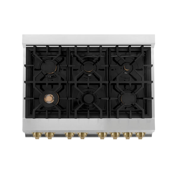 ZLINE Autograph Edition 36 in. 4.6 cu. ft. Legacy Dual Fuel Range with 6 Burner Gas Cooktop and Electric Convection Oven in Stainless Steel and Champagne Bronze Accents, Open Box-Good Condition
