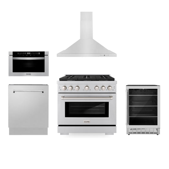 ZLINE 36" Kitchen Package with Stainless Steel Gas Range, Range Hood, Microwave Drawer, Tall Tub Dishwasher and Beverage Fridge (5KP-SGRRH36-MWDWV-RBV)