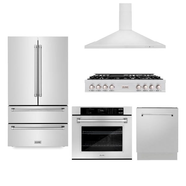 ZLINE Kitchen Package with Refrigeration, 48 in. Stainless Steel Rangetop, 48 in. Range Hood, 30 in. Single Wall Oven and 24 in. Tall Tub Dishwasher (5KPR-RTRH48-AWSDWV)