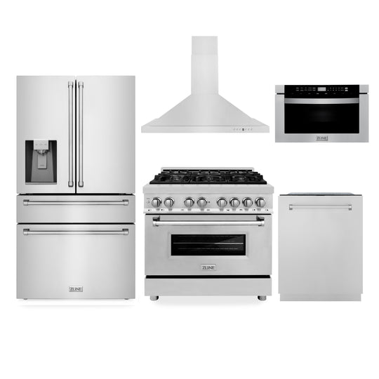 ZLINE Kitchen Package with Water and Ice Dispenser Refrigerator, 36" Dual Fuel Range, 36" Range Hood, Microwave Drawer, and 24" 3rd Rack Dishwasher