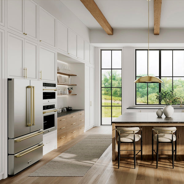 ZLINE Autograph Edition 36 in. 22.5 cu. ft. Counter-Depth French Door Refrigerator with Ice Maker in Fingerprint-Resistant Stainless Steel with Champagne Bronze Traditional Handles (RFMZ-36-CB)