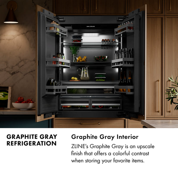 ZLINE Autograph Edition 36 in. 19.6 cu. ft. Panel Ready French Door Built-In Bottom Freezer Refrigerator with Water Dispenser and Ice Maker with Graphite Gray Interior and Matte Black Accents (GRBIVZ-36-MB)