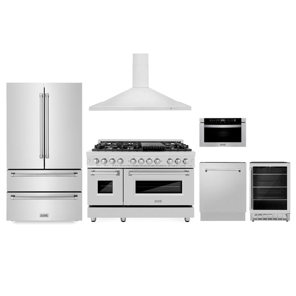 ZLINE Kitchen Package with Refrigeration, 48" Stainless Steel Dual Fuel Range, 36" Range Hood, Microwave Drawer, 24" Tall Tub Dishwasher and Beverage Fridge (6KPR-RARH48-MWDWV-RBV)