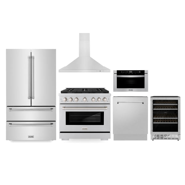 ZLINE Kitchen Package with Refrigeration, 36" Stainless Steel Gas Range, 36" Range Hood, Microwave Drawer, 24" Tall Tub Dishwasher and Wine Cooler (6KPR-SGRRH36-MWDWV-RWV)