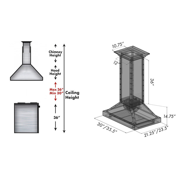 ZLINE 36 in. Designer Series Copper Island Mount Range Hood with Satin Stainless Steel Trim (KB2i-CSSXS-36)