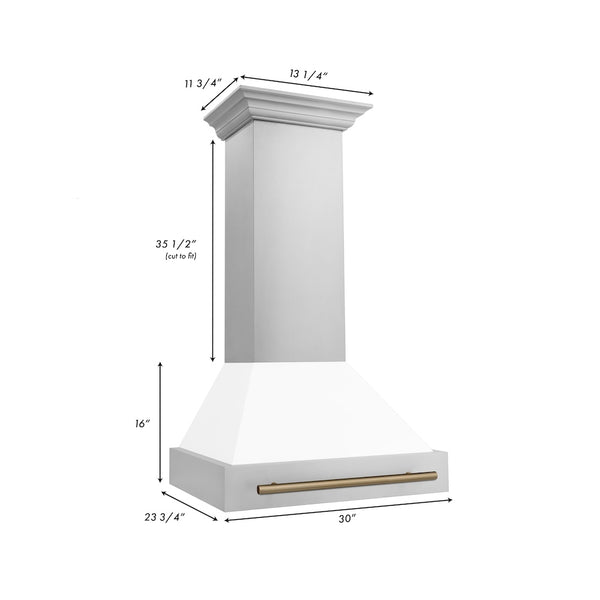 ZLINE Autograph Edition 30" Stainless Steel Range Hood with White Matte Shell and Champagne Bronze Handle (8654STZ-WM30-CB)