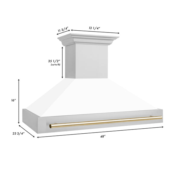 ZLINE 48 in. Autograph Edition Kitchen Package with Stainless Steel Dual Fuel Range with White Matte Door, Range Hood and Dishwasher with Polished Gold  Accents (3AKP-RAWMRHDWM48-G)