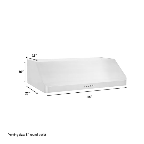 ZLINE 36” Alpine Series Under Cabinet Range Hood in Stainless Steel with Remote Control, LED lighting, and Dishwasher-Safe Baffle Filters (ALP10UC-36)