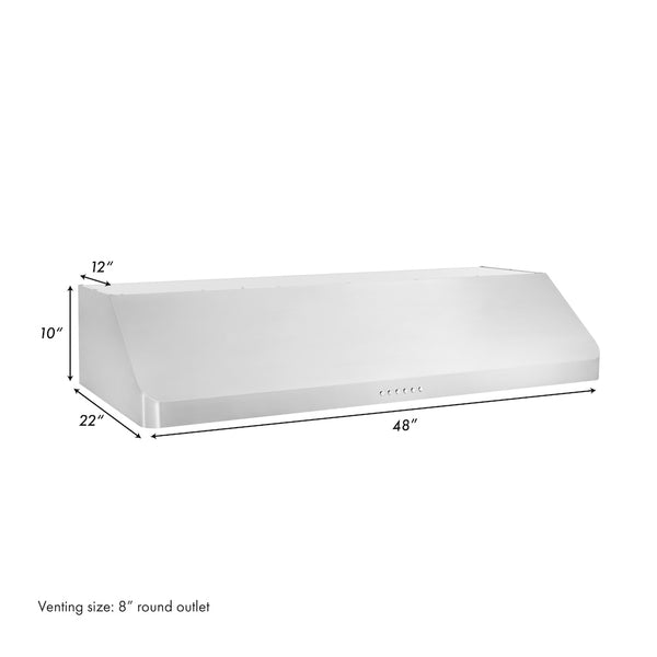 ZLINE 48” Alpine Series Under Cabinet Range Hood in Stainless Steel with Remote Control, LED lighting, and Dishwasher-Safe Baffle Filters (ALP10UC-48)