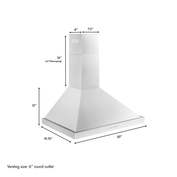 ZLINE 30” Alpine Series Convertible Wall Mount Range Hood in Stainless Steel with Remote Control, LED lighting, and Dishwasher-Safe Baffle Filters (ALP10WL-30)