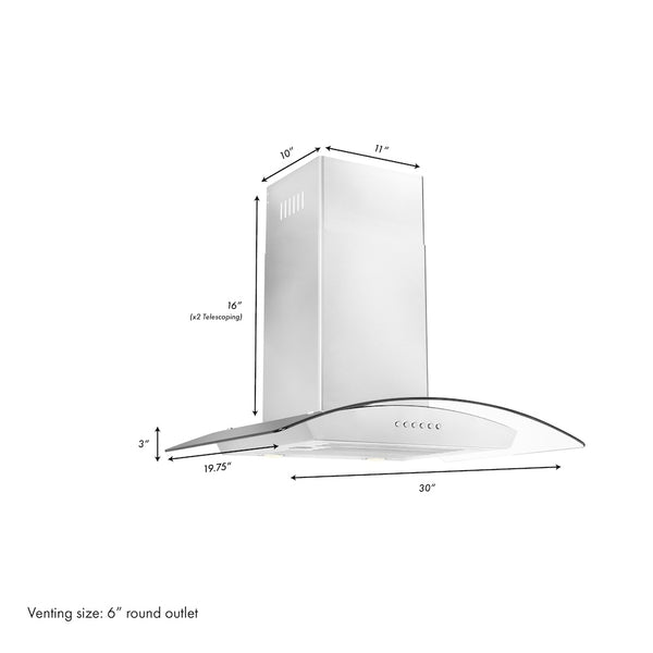 ZLINE 30” Alpine Series Convertible Wall Mount Range Hood in Stainless Steel with Remote Control, LED lighting, and Dishwasher-Safe Baffle Filters (ALP70WL-30)