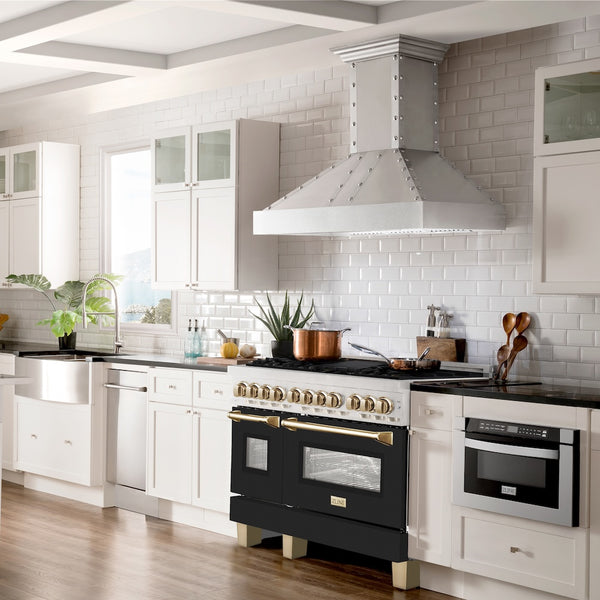 ZLINE Autograph Edition 48 in. 6.0 cu. ft. Legacy Dual Fuel Range with 7 Burner Gas Cooktop and 2 Electric Ovens in Satin Stainless Steel with Black Matte Doors and Polished Gold Accents, Open Box-Great Condition