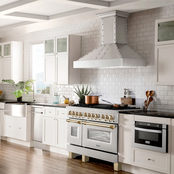 ZLINE Autograph Edition 48 in. 6.0 cu. ft. Legacy Dual Fuel Range with 7 Burner Gas Cooktop and 2 Electric Ovens in Stainless Steel and Polished Gold Accents, Open Box-Great Condition