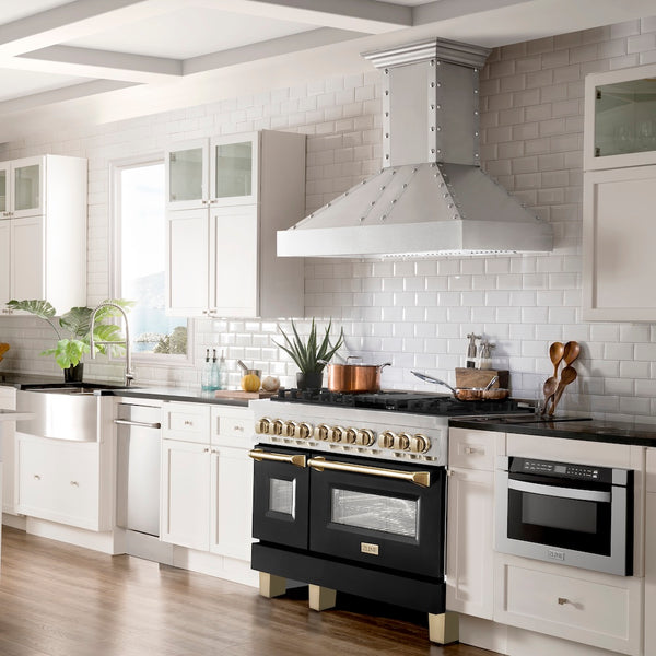 ZLINE Autograph Edition 48 in. 6.0 cu. ft. Legacy Dual Fuel Range with 7 Burner Gas Cooktop and 2 Electric Ovens in Stainless Steel with Black Matte Doors and Polished Gold Accents, Open Box-Great Condition