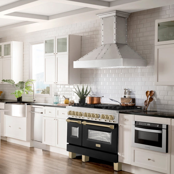 ZLINE Autograph Edition 48 in. 6.0 cu. ft. Legacy Dual Fuel Range with 7 Burner Gas Cooktop and 2 Electric Ovens in Stainless Steel with Black Matte Doors and Champagne Bronze Accents, Open Box-Good Condition