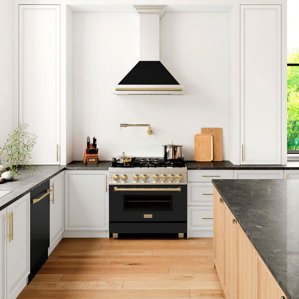 ZLINE Autograph Edition 36 in. Convertible Satin Stainless Steel Wall Mount Range Hood with Black Matte Shell and Champagne Bronze Handle (KB4SNZ-BLM36-CB)
