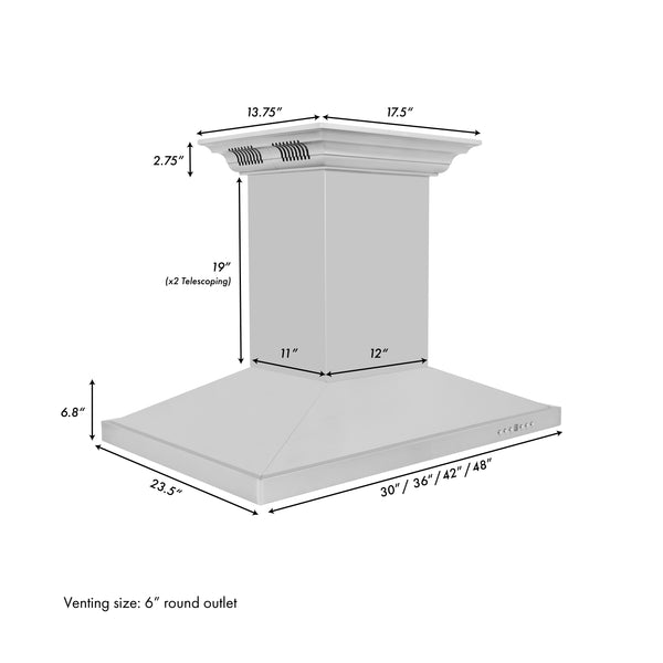 48" ZLINE CrownSound™Ducted Vent Island Mount Range Hood in Stainless Steel with Built-in Bluetooth Speakers (GL2iCRN-BT-48)