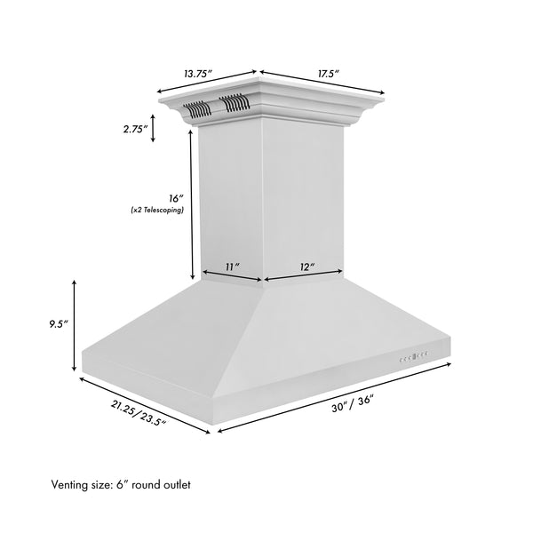36" ZLINE CrownSound™Ducted Vent Island Mount Range Hood in Stainless Steel with Built-in Bluetooth Speakers (KL3iCRN-BT-36)