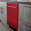 ZLINE 24 in. Top Control Dishwasher with Red Matte Panel and Traditional Style Handle, 52dBa (DW-RM-24) built-in to modern grey cabinets in a luxury kitchen.