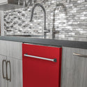 ZLINE 24 in. Top Control Dishwasher with Red Matte Panel and Traditional Style Handle, 52dBa (DW-RM-24) built-in to modern grey cabinets in a luxury kitchen.