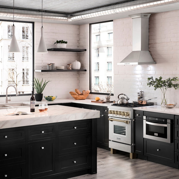 ZLINE Autograph Edition 24 in. 2.8 cu. ft. Legacy Dual Fuel Range with 4 Burner Gas Cooktop and Electric Convection Oven in Satin Stainless Steel and Champagne Bronze Accents, Open Box-Great Condition