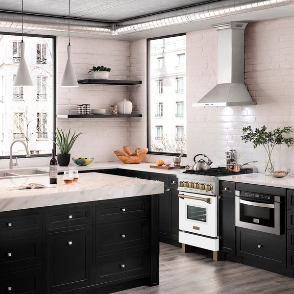 ZLINE Autograph Edition 24 in. 2.8 cu. ft. Legacy Dual Fuel Range with 4 Burner Gas Cooktop and Electric Convection Oven in Satin Stainless Steel with White Matte Door and Champagne Bronze Accents, Open Box-Good Condition