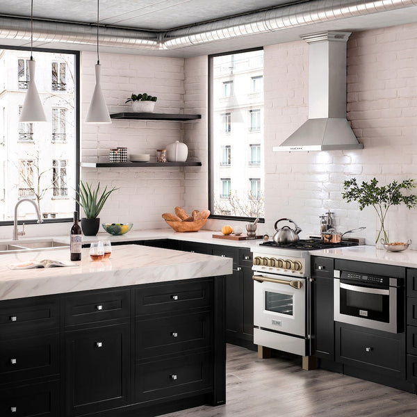 ZLINE Autograph Edition 24 in. 2.8 cu. ft. Legacy Dual Fuel Range with 4 Burner Gas Cooktop and Electric Convection Oven in Stainless Steel and Champagne Bronze Accents, Open Box-Good Condition