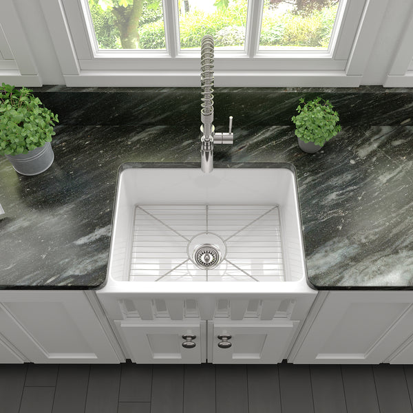 ZLINE 24 in. Venice Farmhouse Apron Front Reversible Single Bowl Fireclay Kitchen Sink with Bottom Grid in White Gloss (FRC5120-WH-24)