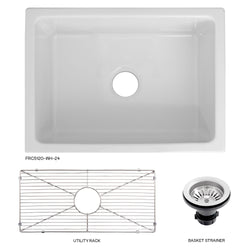 ZLINE 24 in. Venice Farmhouse Apron Front Reversible Single Bowl Fireclay Kitchen Sink with Bottom Grid in White Gloss (FRC5120-WH-24)