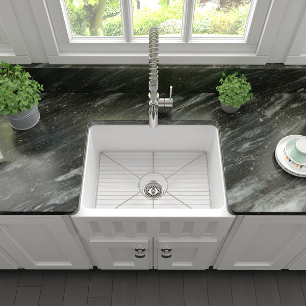 ZLINE 24 in. Venice Farmhouse Apron Front Reversible Single Bowl Fireclay Kitchen Sink with Bottom Grid in White Matte (FRC5120-WM-24)