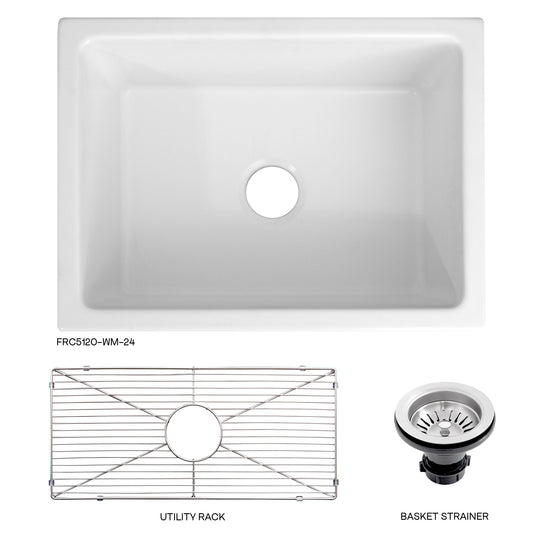 ZLINE 24 in. Venice Farmhouse Apron Front Reversible Single Bowl Fireclay Kitchen Sink with Bottom Grid in White Matte (FRC5120-WM-24)