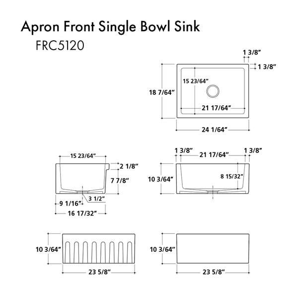 ZLINE 24 in. Venice Farmhouse Apron Front Reversible Single Bowl Fireclay Kitchen Sink with Bottom Grid in White Gloss (FRC5120-WH-24)