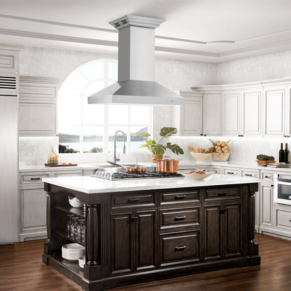 36" ZLINE CrownSound™Ducted Vent Island Mount Range Hood in Stainless Steel with Built-in Bluetooth Speakers (KL3iCRN-BT-36)