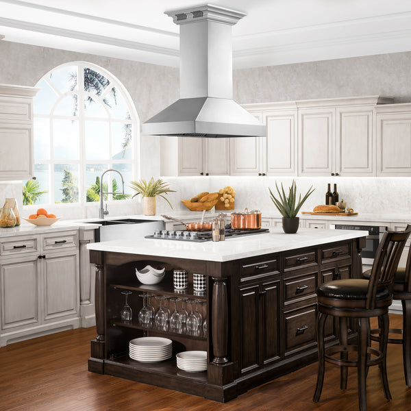 36 in. ZLINE CrownSound™ Ducted Vent Island Mount Range Hood in Stainless Steel with Built-in Bluetooth Speakers (597iCRN-BT-36)