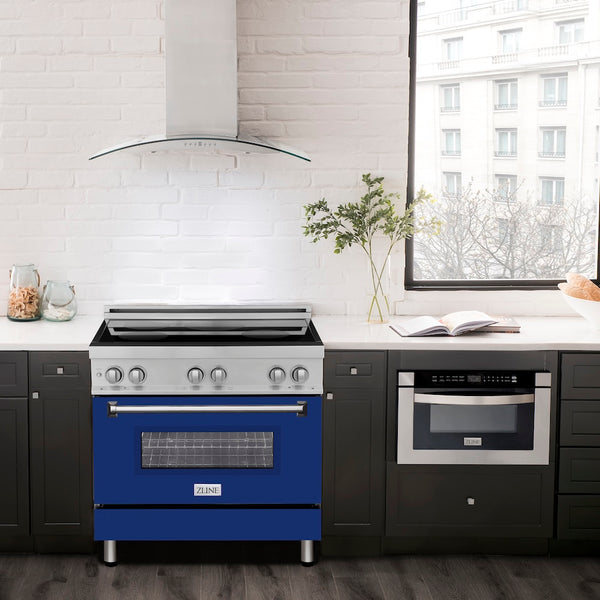 ZLINE 36 in. 4.6 cu. ft. Legacy Induction Range with 5 Element Cooktop and Electric Oven in Stainless Steel and Blue Gloss Door, Open Box-Great Condition