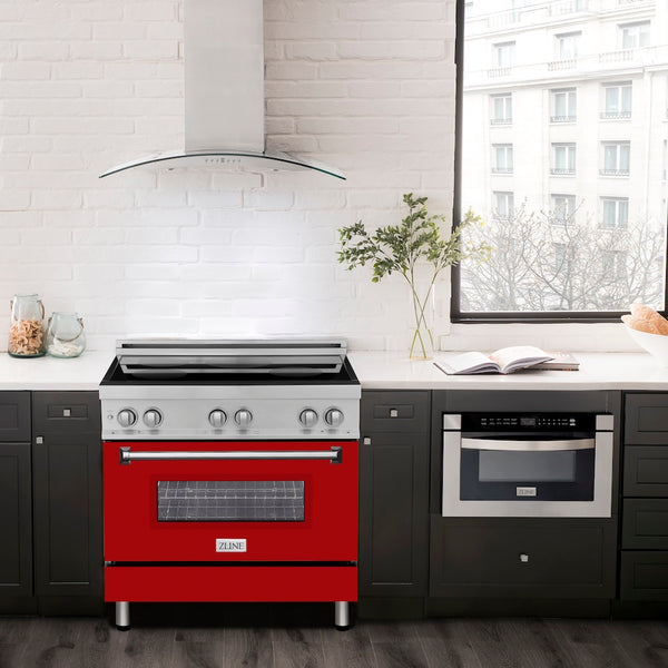 ZLINE 36 in. 4.6 cu. ft. Legacy Induction Range with 5 Element Cooktop and Electric Oven in Stainless Steel and Red Gloss Door, Open Box-Great Condition