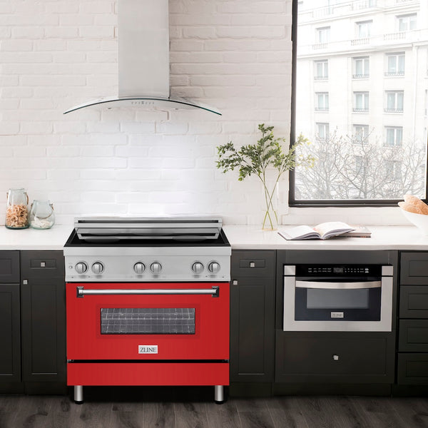 ZLINE 36 in. 4.6 cu. ft. Legacy Induction Range with 5 Element Cooktop and Electric Oven in Stainless Steel and Red Matte Door, Open Box-Great Condition