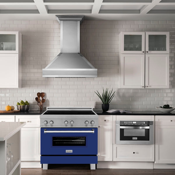 ZLINE 36 in. 4.6 cu. ft. Legacy Induction Range with 5 Element Cooktop and Electric Oven in Satin Stainless Steel and Blue Gloss Door, Open Box-Great Condition