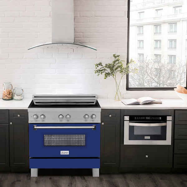 ZLINE 36 in. 4.6 cu. ft. Legacy Induction Range with 5 Element Cooktop and Electric Oven in Satin Stainless Steel and Blue Gloss Door, Open Box-Great Condition