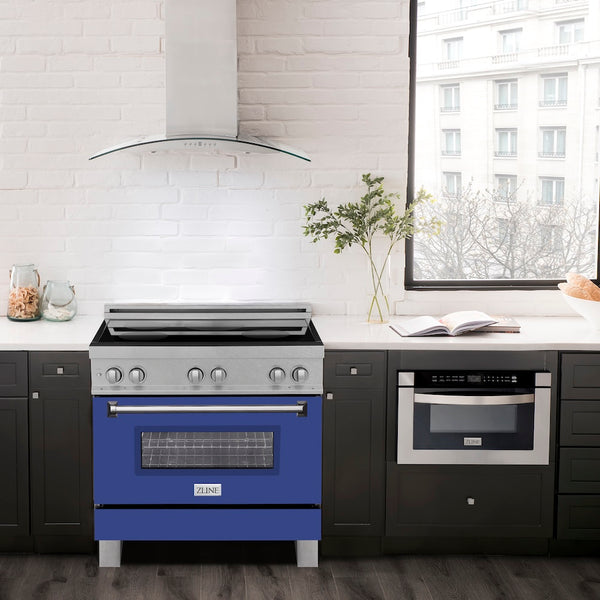 ZLINE 36 in. 4.6 cu. ft. Legacy Induction Range with 5 Element Cooktop and Electric Oven in Satin Stainless Steel and Blue Matte Door, Open Box-Great Condition