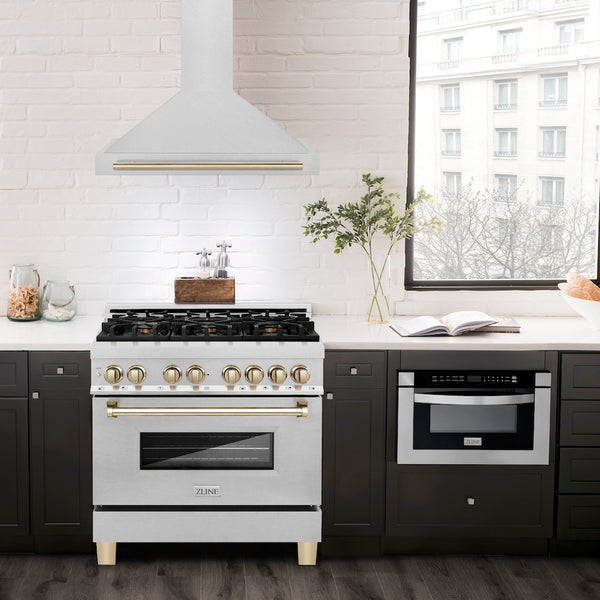 ZLINE 36 in. Autograph Edition Convertible Fingerprint Resistant Satin Stainless Steel Range Hood with Polished Gold Handle (KB4SNZ-36-G)