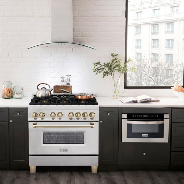 ZLINE Autograph Edition 36 in. 4.6 cu. ft. Legacy Dual Fuel Range with 6 Burner Gas Cooktop and Electric Convection Oven in Satin Stainless Steel and Polished Gold Accents (RASZ-SN-36-G)