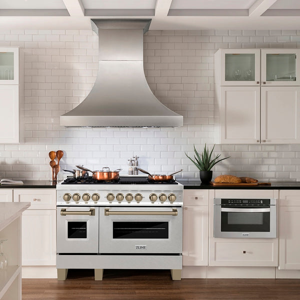ZLINE Autograph Edition 48 in. 6.0 cu. ft. Legacy Dual Fuel Range with 7 Burner Gas Cooktop and 2 Electric Ovens in Satin Stainless Steel and Champagne Bronze Accents, Open Box-Great Condition