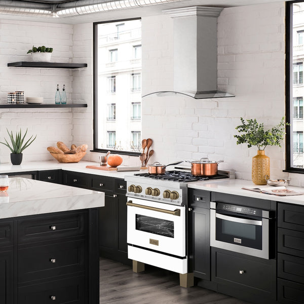 ZLINE Autograph Edition 30 in. 4.0 cu. ft. Legacy Dual Fuel Range with 4 Burner Gas Cooktop and Electric Convection Oven in Satin Stainless Steel with White Matte Door and Champagne Bronze Accents, Open Box-Great Condition