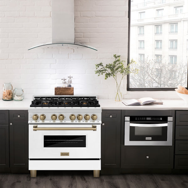 ZLINE Autograph Edition 36 in. 4.6 cu. ft. Legacy Dual Fuel Range with 6 Burner Gas Cooktop and Electric Convection Oven in Satin Stainless Steel with White Matte Door and Champagne Bronze Accents, Open Box-Great Condition
