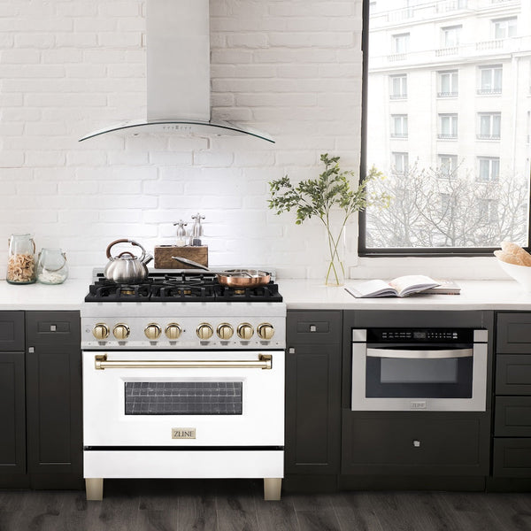ZLINE Autograph Edition 36 in. 4.6 cu. ft. Legacy Dual Fuel Range with 6 Burner Gas Cooktop and Electric Convection Oven in Satin Stainless Steel with White Matte Door and Polished Gold Accents, Open Box-Good Condition